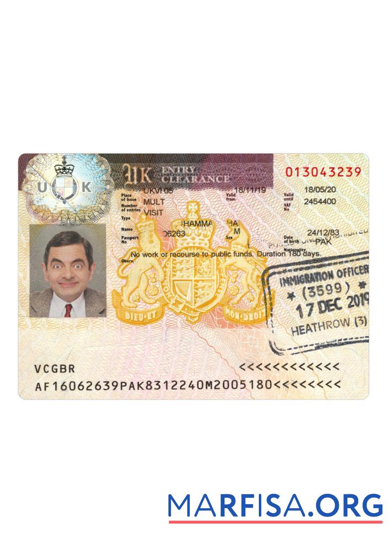 Blank United Kingdom visa 2019 present sample